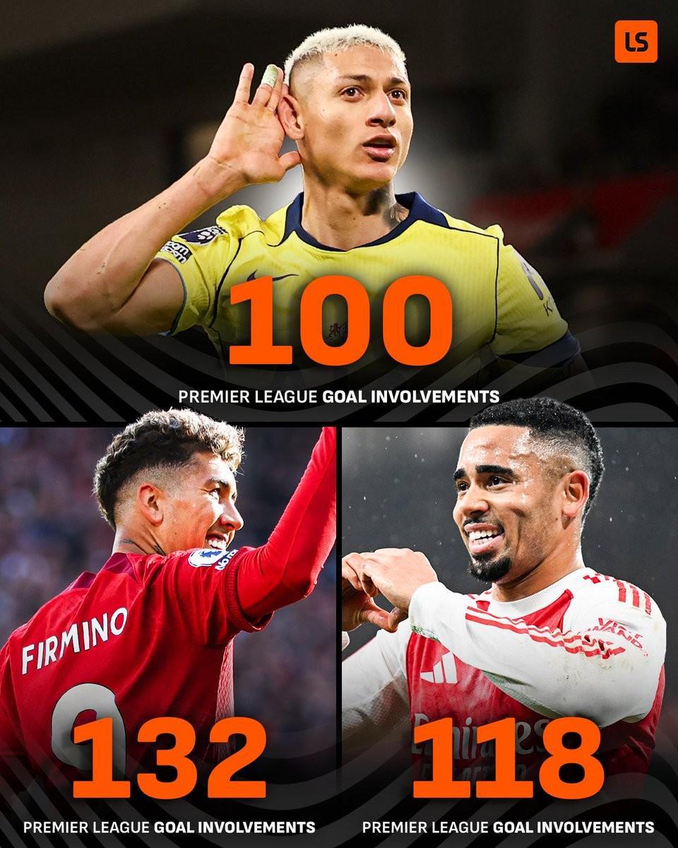 皇冠体育-里沙利松英超生涯已参与100球，成巴西球员第三人